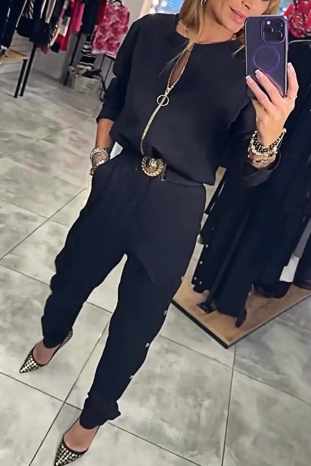 Women's Zipper Jacket & Slim Buttoned Trousers Two-piece Set